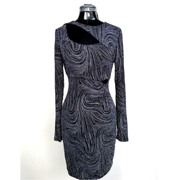 Guess NWT Black Metallic Long Sleeve Bodycon Mini Dress with Cutouts - Picture 1 of 7